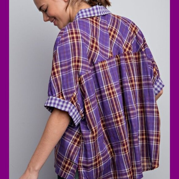 Easel Purple Plaid Oversized Button Down Top NWT M - Picture 9 of 10